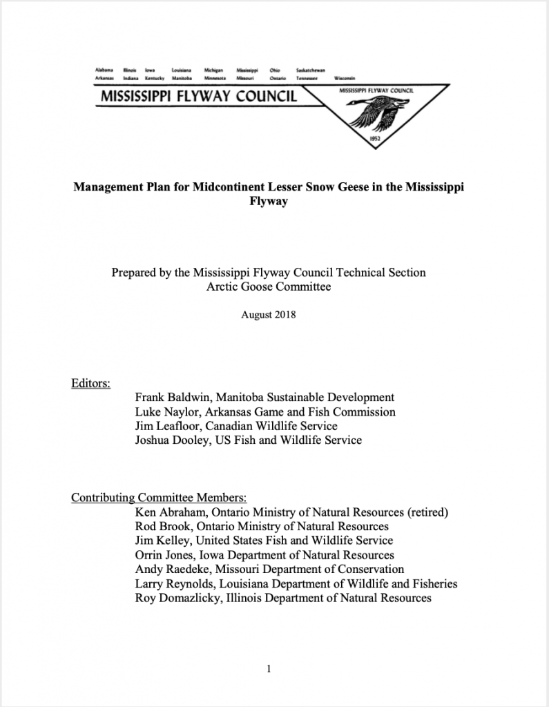 Plan de gestion de la Petite Oie des neiges du Centre du continent pour la voie migratoire du Mississippi